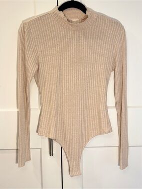 Altar'd State Cream Ribbed Mock Neck Long Sleeve Bodysuit